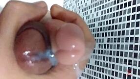 condom snaps during intense sex toy play leading to male cumshot explosion