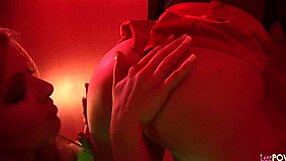 lesbian strippers rub big tits together then finger shaved wet pussies