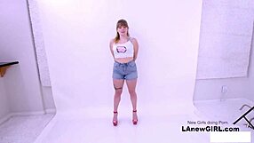 straight brunette teen seduced by lesbian stylist during sofa photoshoot interview