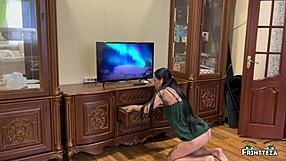 stepmom cleans without panties... stepson spots her dripping creampie pussy?