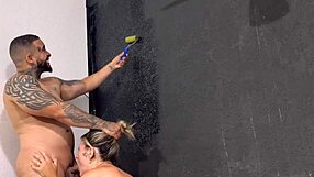 pintora bent over bed big ass tits takes painter huge cock anal pussy deep creampie moaning gagging homemade