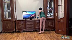 stepmom cleans without panties... stepson spots her dripping creampie pussy?