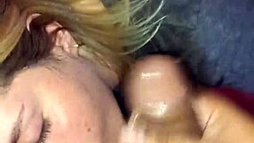 blonde amateur bends over for deepthroat blowjob and facial cumshot