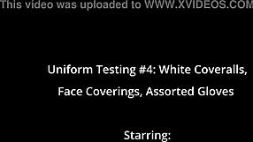 testing out white coveralls with face coverings and gloves backstage