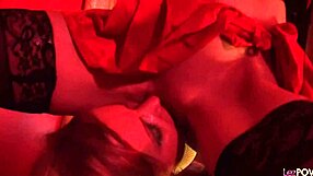 lesbian strippers rub big tits together then finger shaved wet pussies