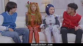 Naughty cosplay teens swap stepbros for bent over group doggystyle orgy