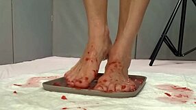 Solo Beauty Pees on Strawberries Then Tramples with Cute Feet in Shower