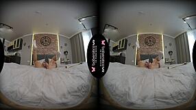 Sarah Kay Shaved Pussy Takes Glass Dildo Deep in Red Lingerie VR Solo