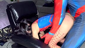 spider-man facefucks spider-girl deep, chokes her tight pussy then spanks hard