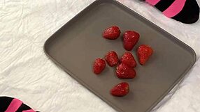 Solo Beauty Pees on Strawberries Then Tramples with Cute Feet in Shower