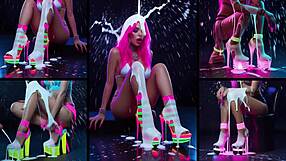 hot girls show heels before cum drenches feet and bodies in neon lights