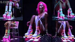 hot girls show heels before cum drenches feet and bodies in neon lights