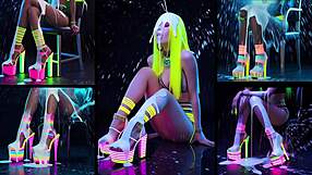 hot girls show heels before cum drenches feet and bodies in neon lights