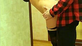 Fit girl with perfect boobs gives slow blowjob masturbates then takes standing doggy