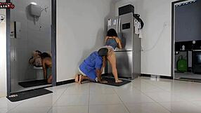 Mom fucks stepdad kitchen, bro takes my ass