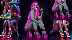 hot girls show heels before cum drenches feet and bodies in neon lights