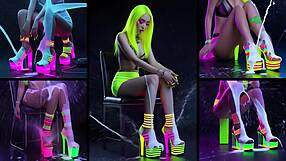 hot girls show heels before cum drenches feet and bodies in neon lights