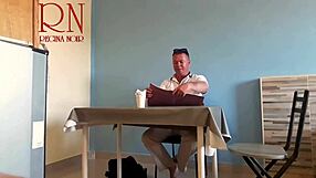 naked curvy brunette waitress milf serves juicy pussy tits to restaurant guest voyeur navel eat