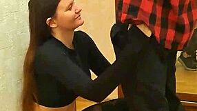 Fit girl with perfect boobs gives slow blowjob masturbates then takes standing doggy