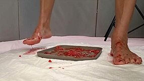 Solo Beauty Pees on Strawberries Then Tramples with Cute Feet in Shower