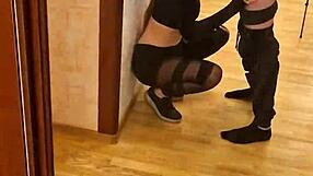 Fit girl with perfect boobs gives slow blowjob masturbates then takes standing doggy