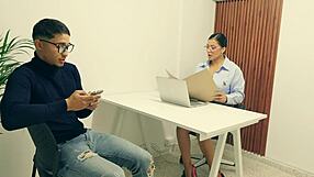 muscular latina secretary spanks and fucks boss's son at work for a big raise