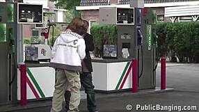 i'm so turned on watching this very pregnant cutie get bent over and fucked by two guys at the public gas station orgy