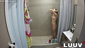 luuv and girlfriend flash shaved pussies and natural tits in homemade shower voyeur show