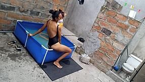 me and athletic indian girl with fat latina enjoying poolside vacation sun warms our bodies