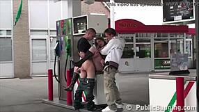 i'm so turned on watching this very pregnant cutie get bent over and fucked by two guys at the public gas station orgy