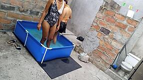 me and athletic indian girl with fat latina enjoying poolside vacation sun warms our bodies