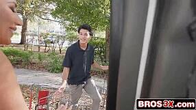 Milf with big fake tits hunts cock, rides hard on bangbus with tan lines exposed