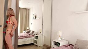 Blonde neighbor loses anal virginity in red lingerie riding rough