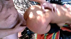 beauty mom rides big cock deep in the forest with shaved pussy