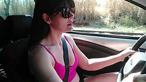 Naughty wife flashes tits street lets stranger grope then swallows car blowjob cum