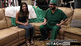 Aria Nicole's Hitachi Orgasms in Glasses and Gloves with Doctor Tampa During Session