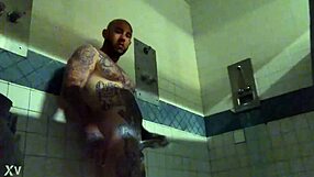 in prison, tattooed inmate jerks massive white cock to explosive wet cumshot solo