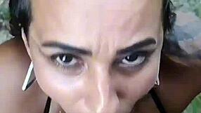 Horny Latina Wife Sucks Hubby on Public Beach Takes Facial Cumshot