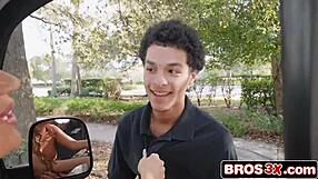 Milf with big fake tits hunts cock, rides hard on bangbus with tan lines exposed