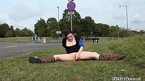 Amateur exhibitionist Isabel Dean flashes shaved pussy while toying publicly outdoors