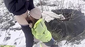 my horny girlfriend in miniskirt gets her pussy deep fucked by huge cock outdoors in snow while riding rough