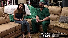 Aria Nicole's Hitachi Orgasms in Glasses and Gloves with Doctor Tampa During Session