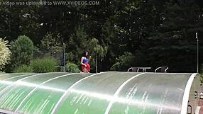 Amateur Teases Pussy Upskirt No Panties Short Skirt Garden Fresh Air 4k