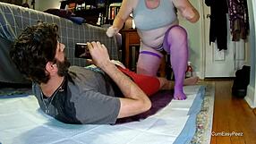 bbw liza soaks panties in golden shower, pisses on andy while stroking his cock everywhere.