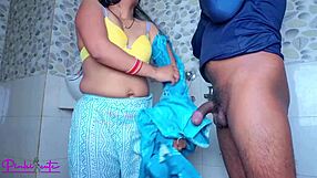 RavinaDesi chachi sneaks into bathroom for rough bhatija cock pounding hindi dirty talk creampie