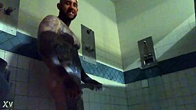 in prison, tattooed inmate jerks massive white cock to explosive wet cumshot solo
