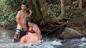 Bent over beach bareback, latina pussy rides big cock doggystyle in forest, tits bouncing cowgirl gaping finish