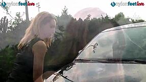 Candid redhead ballerina upskirt nylon stockings panties legs feet in car outdoor drive fetish