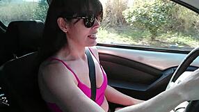 Naughty wife flashes tits street lets stranger grope then swallows car blowjob cum