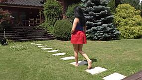 Amateur Teases Pussy Upskirt No Panties Short Skirt Garden Fresh Air 4k